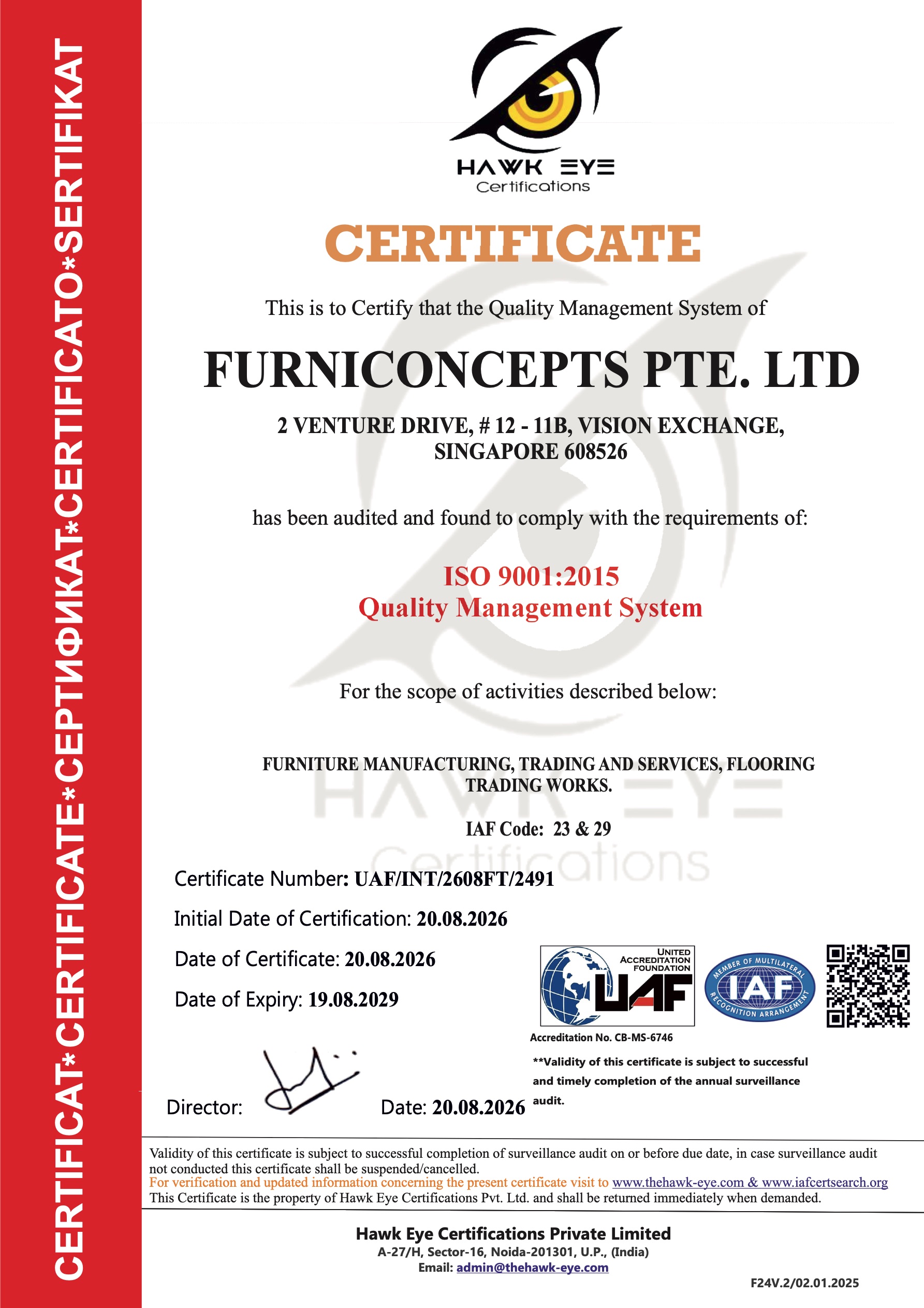 ISO 9001:2015 Certificate – Furniconcepts Pte. Ltd.